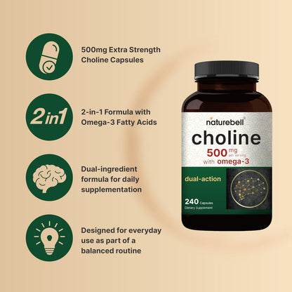 NatureBell Cholin 500 mg mit Omega-3-Fettsäuren, 240 Kapseln | Hochdosierte 2-in-1 Cholinbitartrat-Formel | Non-GMO