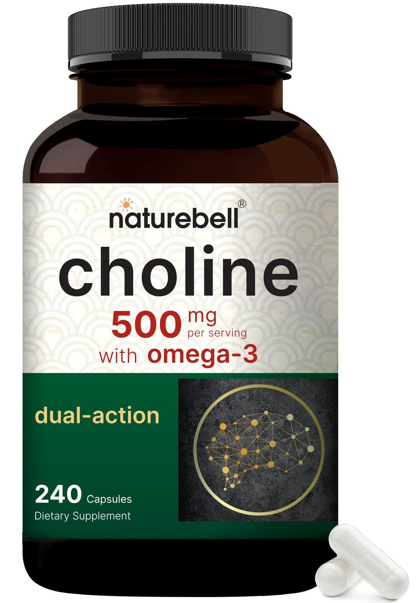 NatureBell Cholin 500 mg mit Omega-3-Fettsäuren, 240 Kapseln | Hochdosierte 2-in-1 Cholinbitartrat-Formel | Non-GMO