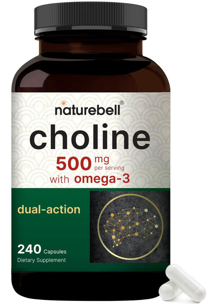 NatureBell Cholin 500 mg mit Omega-3-Fettsäuren, 240 Kapseln | Hochdosierte 2-in-1 Cholinbitartrat-Formel | Non-GMO