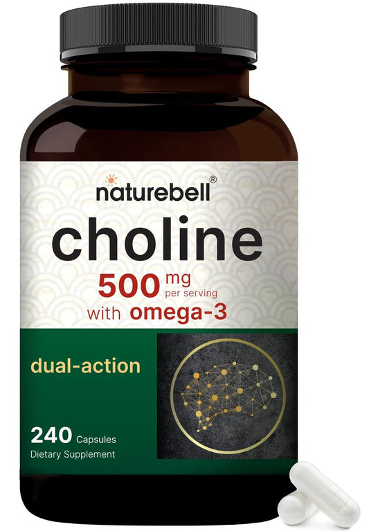 NatureBell Cholin 500 mg mit Omega-3-Fettsäuren, 240 Kapseln | Hochdosierte 2-in-1 Cholinbitartrat-Formel | Non-GMO