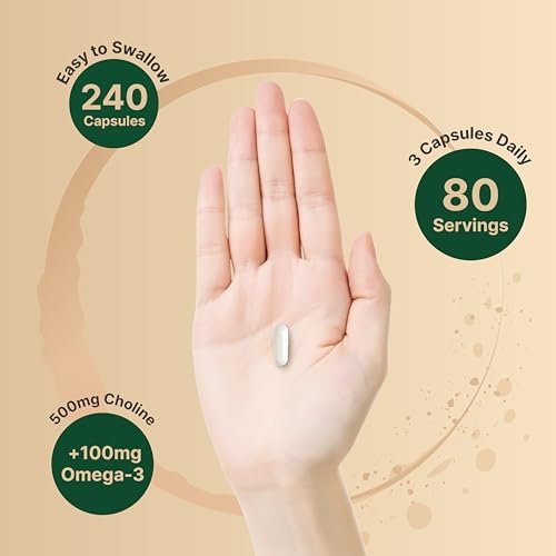 NatureBell Cholin 500 mg mit Omega-3-Fettsäuren, 240 Kapseln | Hochdosierte 2-in-1 Cholinbitartrat-Formel | Non-GMO