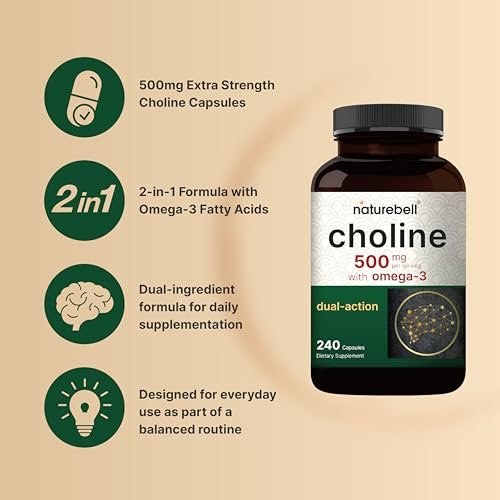 NatureBell Cholin 500 mg mit Omega-3-Fettsäuren, 240 Kapseln | Hochdosierte 2-in-1 Cholinbitartrat-Formel | Non-GMO