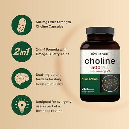 NatureBell Cholin 500 mg mit Omega-3-Fettsäuren, 240 Kapseln | Hochdosierte 2-in-1 Cholinbitartrat-Formel | Non-GMO