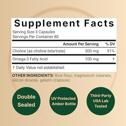 NatureBell Cholin 500 mg mit Omega-3-Fettsäuren, 240 Kapseln | Hochdosierte 2-in-1 Cholinbitartrat-Formel | Non-GMO