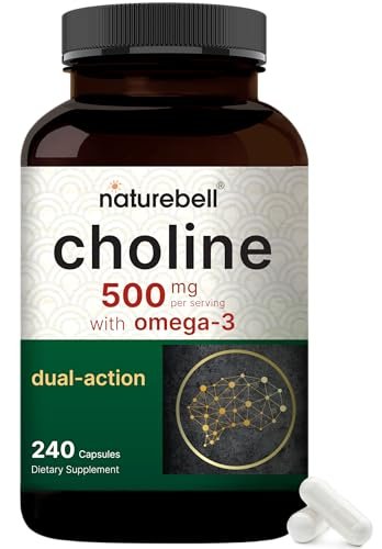 NatureBell Cholin 500 mg mit Omega-3-Fettsäuren, 240 Kapseln | Hochdosierte 2-in-1 Cholinbitartrat-Formel | Non-GMO
