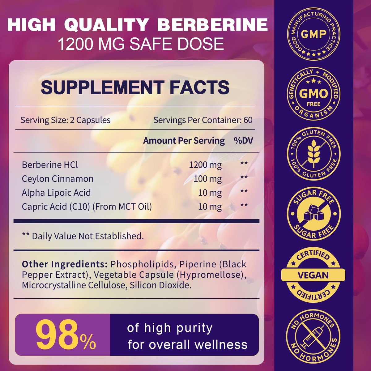 ZEBORA Premium Berberin HCL Kapseln 1200 mg – mit Ceylon-Zimt, ALA & Caprinsäure, GLP-1 Unterstützung, Immunsystem & Antioxidantien, Non-GMO, 120 Kapseln