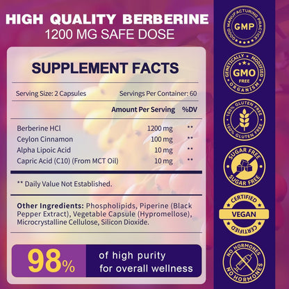 ZEBORA Premium Berberin HCL Kapseln 1200 mg – mit Ceylon-Zimt, ALA & Caprinsäure, GLP-1 Unterstützung, Immunsystem & Antioxidantien, Non-GMO, 120 Kapseln