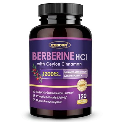 ZEBORA Premium Berberin HCL Kapseln 1200 mg – mit Ceylon-Zimt, ALA & Caprinsäure, GLP-1 Unterstützung, Immunsystem & Antioxidantien, Non-GMO, 120 Kapseln