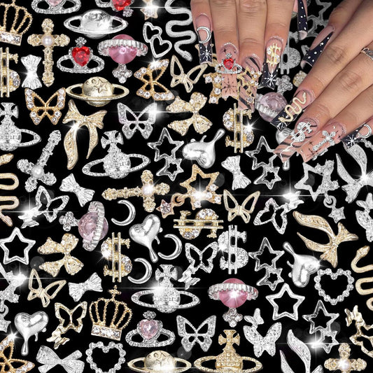 105-teiliges Set Silber+Gold Nagelsteine und Charms - Planet, Krone, Dollar, Schlange, Stern, Schleife, 3D Kreuz Nagelkunst Schmuck + Gold Dollar Charms für Nageldesign DIY