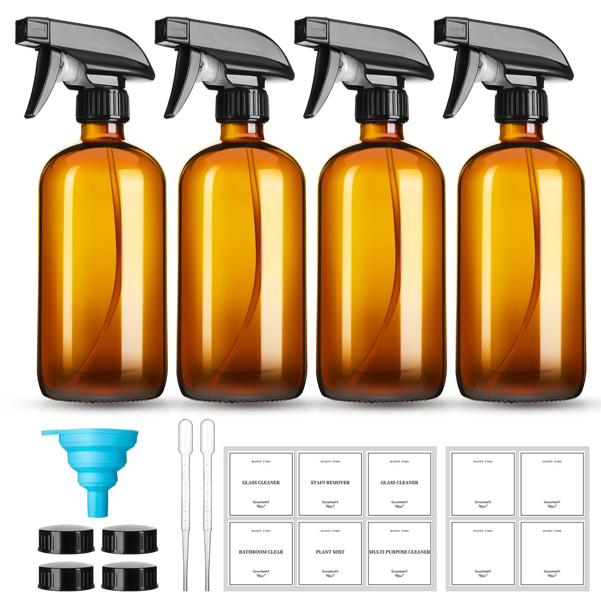 GIVAMEIHF 16oz Amber Glass Sprayflaschen, 4er-Pack Nachfüllbare Glassprühflaschen mit Verstellbarer Düse - Ideal für Reinigung, ätherische Öle, Pflanzen, Haare und Haustiere