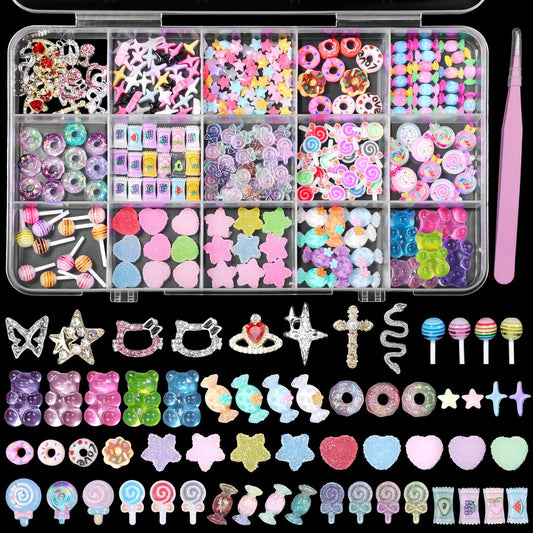 3D Mix Nail Charms Set – Lollipop, Gummibärchen, Donut, Stern, Herz, Schmetterling, Schlange, Krone, Kreuz – Acryl-Nagelcharm-Set für DIY-Nagelkunst