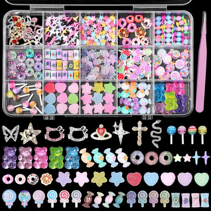 3D Mix Nail Charms Set – Lollipop, Gummibärchen, Donut, Stern, Herz, Schmetterling, Schlange, Krone, Kreuz – Acryl-Nagelcharm-Set für DIY-Nagelkunst