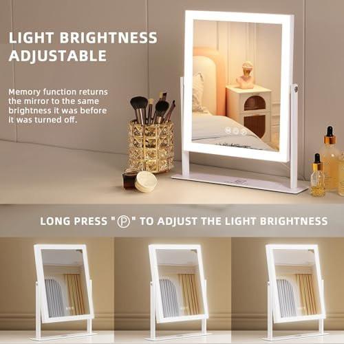 FENCHILIN Kosmetikspiegel mit Licht 11,8" x 9,8" – Beleuchteter Make-up-Spiegel mit Smart-Touch-Steuerung, 3 Farben dimmbare LED, 360° drehbar, 10-fache Vergrößerung, Tischspiegel (Weiß)