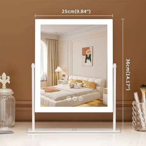 FENCHILIN Kosmetikspiegel mit Licht 11,8" x 9,8" – Beleuchteter Make-up-Spiegel mit Smart-Touch-Steuerung, 3 Farben dimmbare LED, 360° drehbar, 10-fache Vergrößerung, Tischspiegel (Weiß)