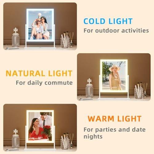 FENCHILIN Kosmetikspiegel mit Licht 11,8" x 9,8" – Beleuchteter Make-up-Spiegel mit Smart-Touch-Steuerung, 3 Farben dimmbare LED, 360° drehbar, 10-fache Vergrößerung, Tischspiegel (Weiß)