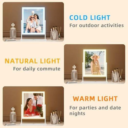 FENCHILIN Kosmetikspiegel mit Licht 11,8" x 9,8" – Beleuchteter Make-up-Spiegel mit Smart-Touch-Steuerung, 3 Farben dimmbare LED, 360° drehbar, 10-fache Vergrößerung, Tischspiegel (Weiß)