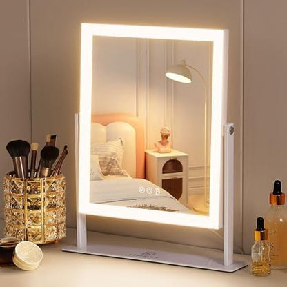FENCHILIN Kosmetikspiegel mit Licht 11,8" x 9,8" – Beleuchteter Make-up-Spiegel mit Smart-Touch-Steuerung, 3 Farben dimmbare LED, 360° drehbar, 10-fache Vergrößerung, Tischspiegel (Weiß)