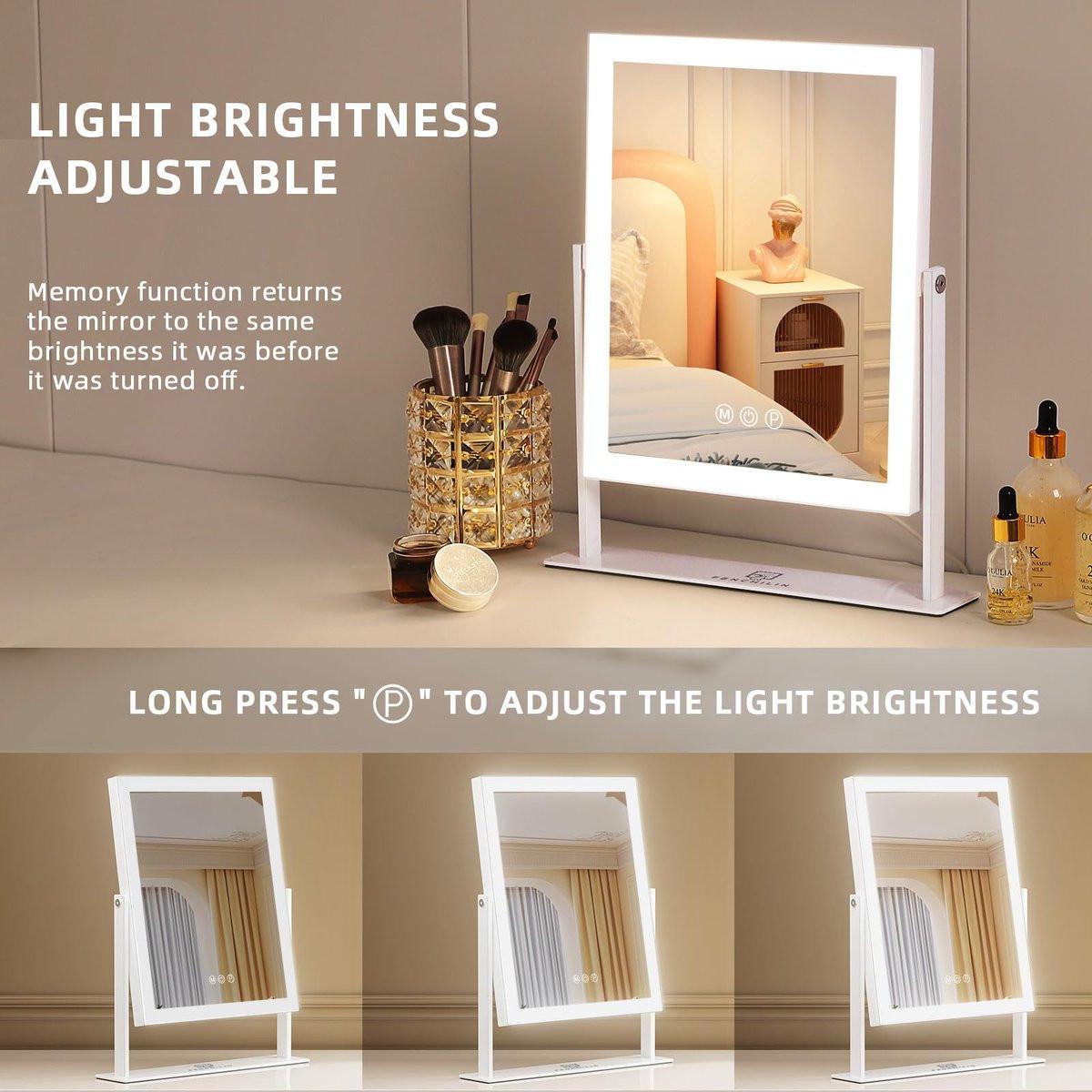 FENCHILIN Kosmetikspiegel mit Licht 11,8" x 9,8" – Beleuchteter Make-up-Spiegel mit Smart-Touch-Steuerung, 3 Farben dimmbare LED, 360° drehbar, 10-fache Vergrößerung, Tischspiegel (Weiß)
