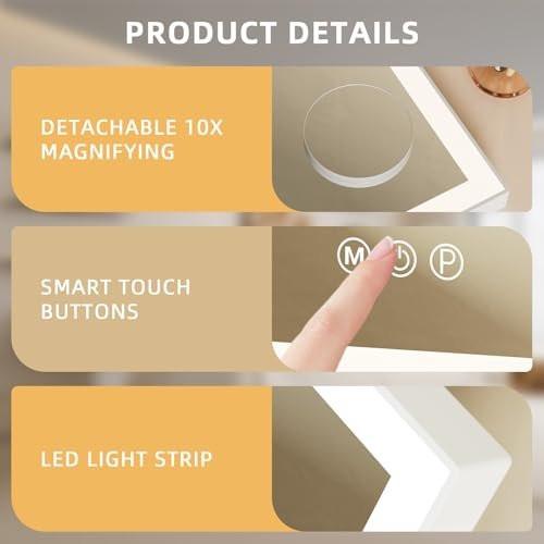 FENCHILIN Kosmetikspiegel mit Licht 11,8" x 9,8" – Beleuchteter Make-up-Spiegel mit Smart-Touch-Steuerung, 3 Farben dimmbare LED, 360° drehbar, 10-fache Vergrößerung, Tischspiegel (Weiß)