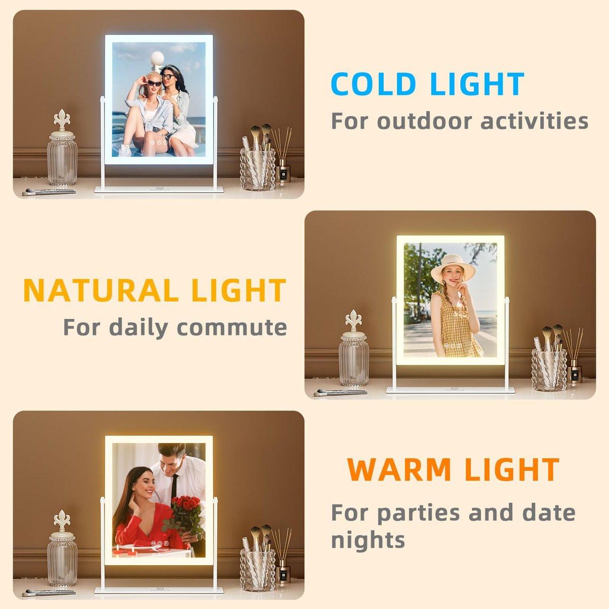 FENCHILIN Kosmetikspiegel mit Licht 11,8" x 9,8" – Beleuchteter Make-up-Spiegel mit Smart-Touch-Steuerung, 3 Farben dimmbare LED, 360° drehbar, 10-fache Vergrößerung, Tischspiegel (Weiß)