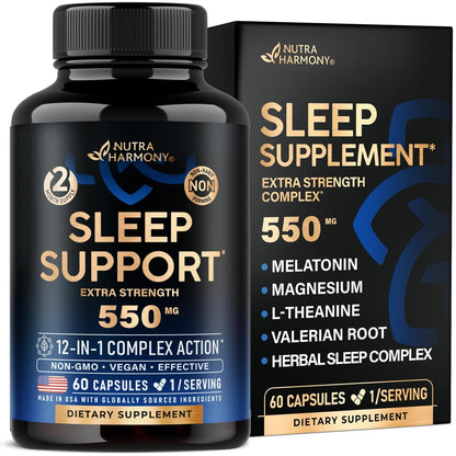 Schlaftabletten für Erwachsene 550mg - Melatonin 3mg | Baldrianwurzel für Schlaf | L-Theanin | Magnesium - Natürliches Schlafmittel - Nicht gewohnheitsbildend - Laborgeprüft - 1/Tag, 2-Monats-Vorrat