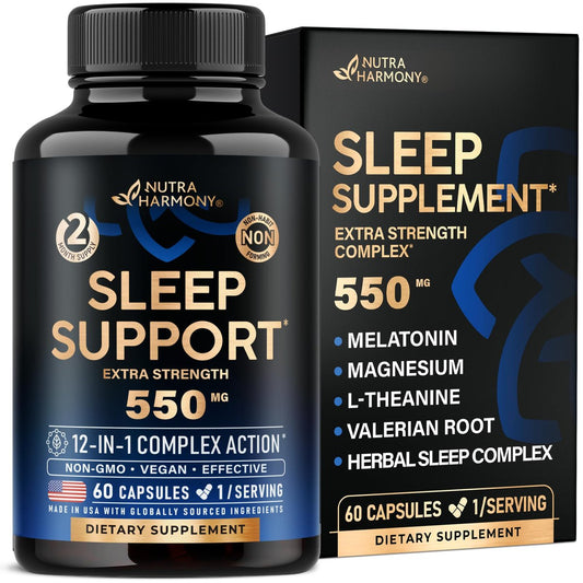 Schlaftabletten für Erwachsene 550mg - Melatonin 3mg | Baldrianwurzel für Schlaf | L-Theanin | Magnesium - Natürliches Schlafmittel - Nicht gewohnheitsbildend - Laborgeprüft - 1/Tag, 2-Monats-Vorrat