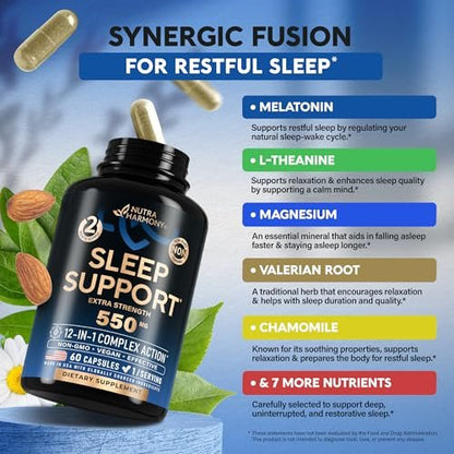 Schlaftabletten für Erwachsene 550mg - Melatonin 3mg | Baldrianwurzel für Schlaf | L-Theanin | Magnesium - Natürliches Schlafmittel - Nicht gewohnheitsbildend - Laborgeprüft - 1/Tag, 2-Monats-Vorrat