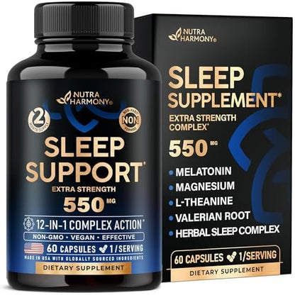 Schlaftabletten für Erwachsene 550mg - Melatonin 3mg | Baldrianwurzel für Schlaf | L-Theanin | Magnesium - Natürliches Schlafmittel - Nicht gewohnheitsbildend - Laborgeprüft - 1/Tag, 2-Monats-Vorrat