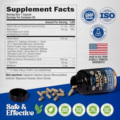 Schlaftabletten für Erwachsene 550mg - Melatonin 3mg | Baldrianwurzel für Schlaf | L-Theanin | Magnesium - Natürliches Schlafmittel - Nicht gewohnheitsbildend - Laborgeprüft - 1/Tag, 2-Monats-Vorrat
