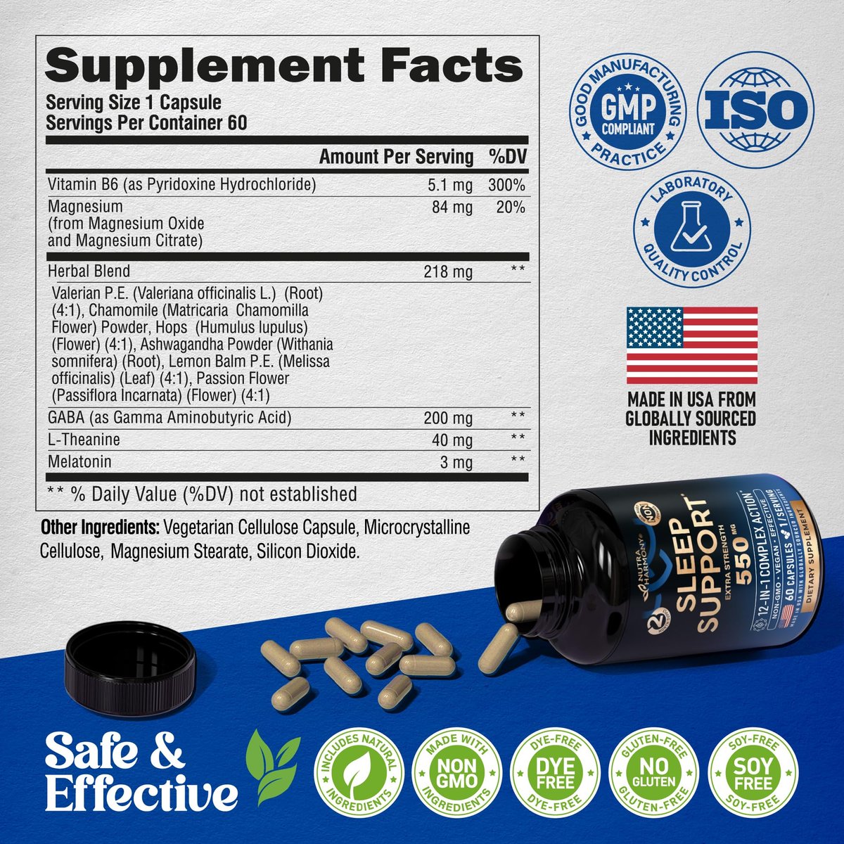 Schlaftabletten für Erwachsene 550mg - Melatonin 3mg | Baldrianwurzel für Schlaf | L-Theanin | Magnesium - Natürliches Schlafmittel - Nicht gewohnheitsbildend - Laborgeprüft - 1/Tag, 2-Monats-Vorrat