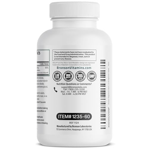 Bronson Magnesiumglycinat 400 mg Extra Stark, Vegetarisch, Chelatisiert für Absorption, Sanft zum Magen, Nicht-GVO, 60 Tabletten