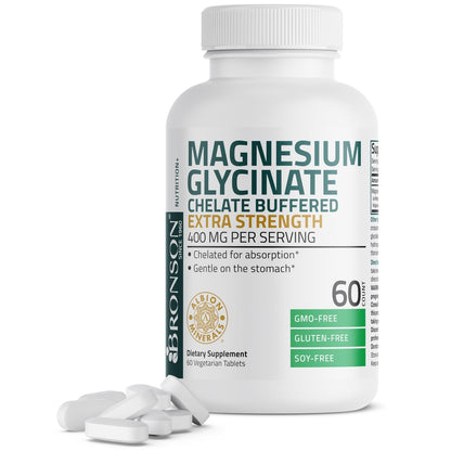 Bronson Magnesiumglycinat 400 mg Extra Stark, Vegetarisch, Chelatisiert für Absorption, Sanft zum Magen, Nicht-GVO, 60 Tabletten
