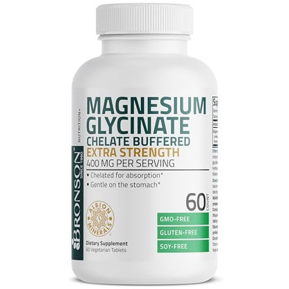 Bronson Magnesiumglycinat 400 mg Extra Stark, Vegetarisch, Chelatisiert für Absorption, Sanft zum Magen, Nicht-GVO, 60 Tabletten