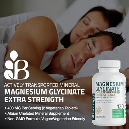 Bronson Magnesiumglycinat 400 mg Extra Stark, Vegetarisch, Chelatisiert für Absorption, Sanft zum Magen, Nicht-GVO, 60 Tabletten