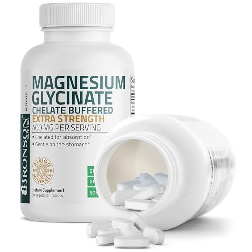 Bronson Magnesiumglycinat 400 mg Extra Stark, Vegetarisch, Chelatisiert für Absorption, Sanft zum Magen, Nicht-GVO, 60 Tabletten