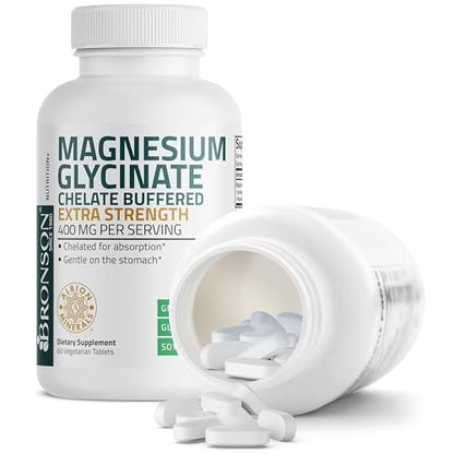 Bronson Magnesiumglycinat 400 mg Extra Stark, Vegetarisch, Chelatisiert für Absorption, Sanft zum Magen, Nicht-GVO, 60 Tabletten