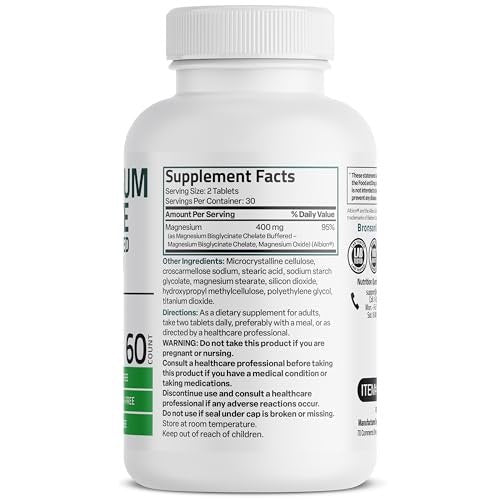 Bronson Magnesiumglycinat 400 mg Extra Stark, Vegetarisch, Chelatisiert für Absorption, Sanft zum Magen, Nicht-GVO, 60 Tabletten