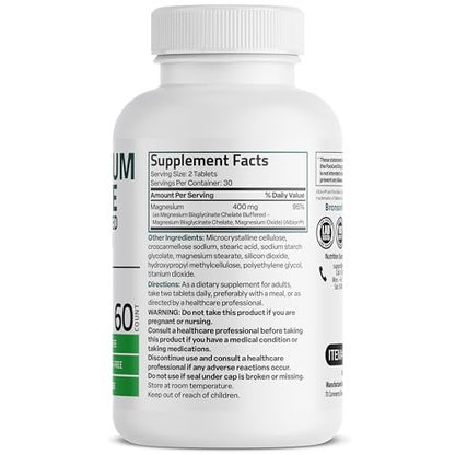 Bronson Magnesiumglycinat 400 mg Extra Stark, Vegetarisch, Chelatisiert für Absorption, Sanft zum Magen, Nicht-GVO, 60 Tabletten