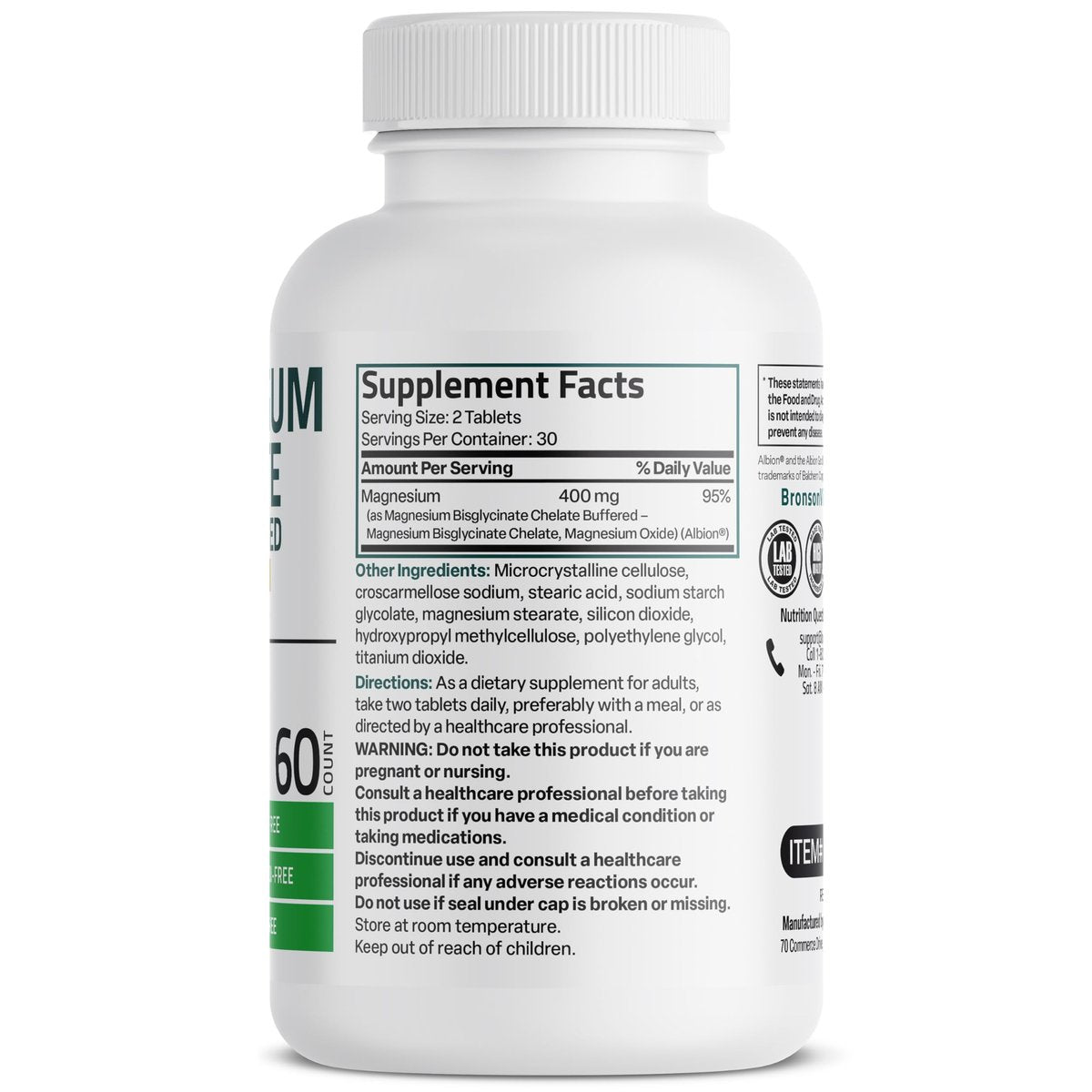 Bronson Magnesiumglycinat 400 mg Extra Stark, Vegetarisch, Chelatisiert für Absorption, Sanft zum Magen, Nicht-GVO, 60 Tabletten