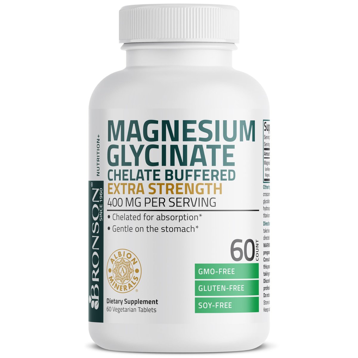 Bronson Magnesiumglycinat 400 mg Extra Stark, Vegetarisch, Chelatisiert für Absorption, Sanft zum Magen, Nicht-GVO, 60 Tabletten