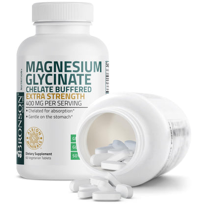 Bronson Magnesiumglycinat 400 mg Extra Stark, Vegetarisch, Chelatisiert für Absorption, Sanft zum Magen, Nicht-GVO, 60 Tabletten