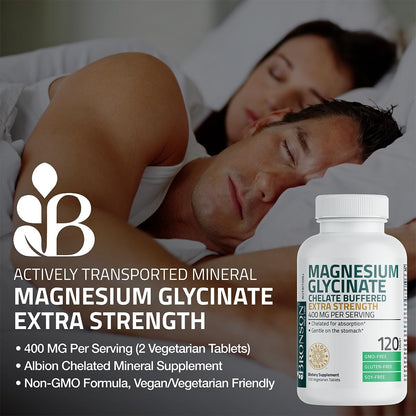 Bronson Magnesiumglycinat 400 mg Extra Stark, Vegetarisch, Chelatisiert für Absorption, Sanft zum Magen, Nicht-GVO, 60 Tabletten
