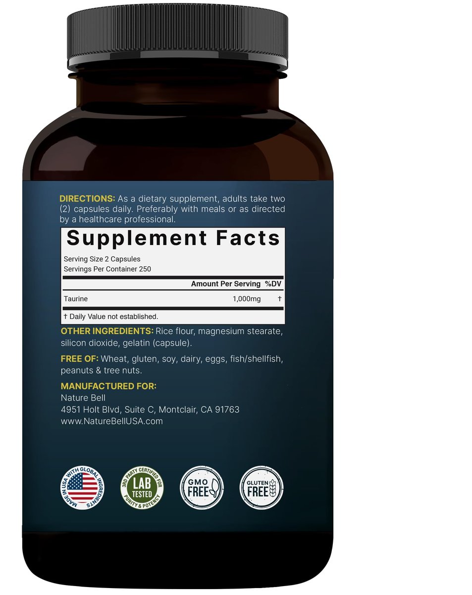 NatureBell Taurin 1.000 mg pro Portion, 500 Kapseln | Essentielle Aminosäure – Doppelte Stärke – Antioxidans für Herz, Muskeln, Gehirn & Leber – Nicht-GVO, Glutenfrei