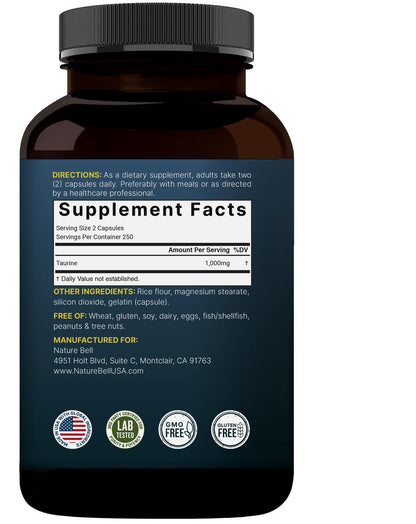 NatureBell Taurin 1.000 mg pro Portion, 500 Kapseln | Essentielle Aminosäure – Doppelte Stärke – Antioxidans für Herz, Muskeln, Gehirn & Leber – Nicht-GVO, Glutenfrei