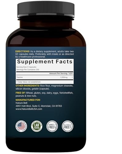NatureBell Taurin 1.000 mg pro Portion, 500 Kapseln | Essentielle Aminosäure – Doppelte Stärke – Antioxidans für Herz, Muskeln, Gehirn & Leber – Nicht-GVO, Glutenfrei