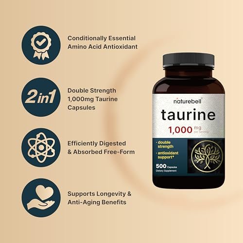 NatureBell Taurin 1.000 mg pro Portion, 500 Kapseln | Essentielle Aminosäure – Doppelte Stärke – Antioxidans für Herz, Muskeln, Gehirn & Leber – Nicht-GVO, Glutenfrei