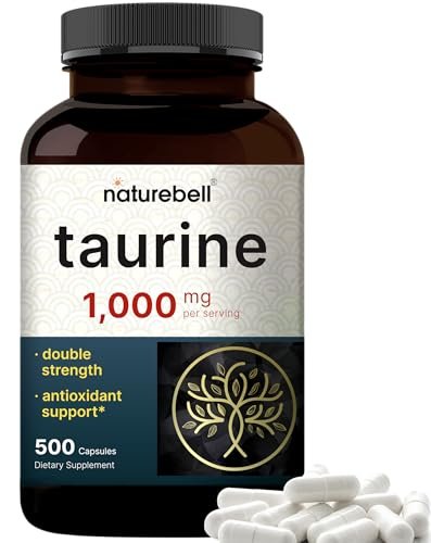 NatureBell Taurin 1.000 mg pro Portion, 500 Kapseln | Essentielle Aminosäure – Doppelte Stärke – Antioxidans für Herz, Muskeln, Gehirn & Leber – Nicht-GVO, Glutenfrei