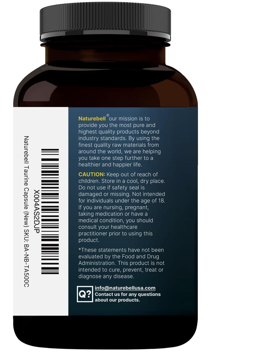 NatureBell Taurin 1.000 mg pro Portion, 500 Kapseln | Essentielle Aminosäure – Doppelte Stärke – Antioxidans für Herz, Muskeln, Gehirn & Leber – Nicht-GVO, Glutenfrei