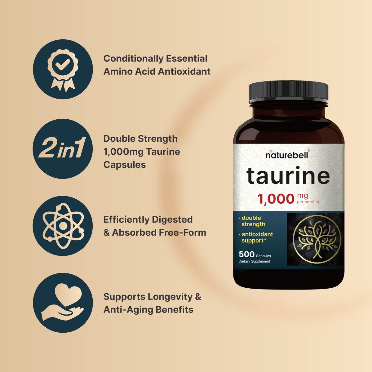 NatureBell Taurin 1.000 mg pro Portion, 500 Kapseln | Essentielle Aminosäure – Doppelte Stärke – Antioxidans für Herz, Muskeln, Gehirn & Leber – Nicht-GVO, Glutenfrei