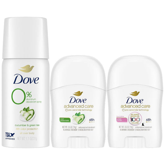 Dove Reise-Deodorant für Frauen Variety 3er-Pack – Advanced Care Invisible, Cool Essentials Mini, Cucumber & Green Tea Spray
